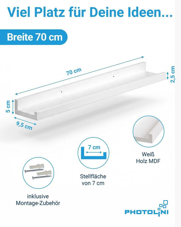 PHOTOLINI Wandregal stabiles MDF-Holz Weiss 70 cm, Schweberegal, 2er Set, modernes Design, Bilderlei