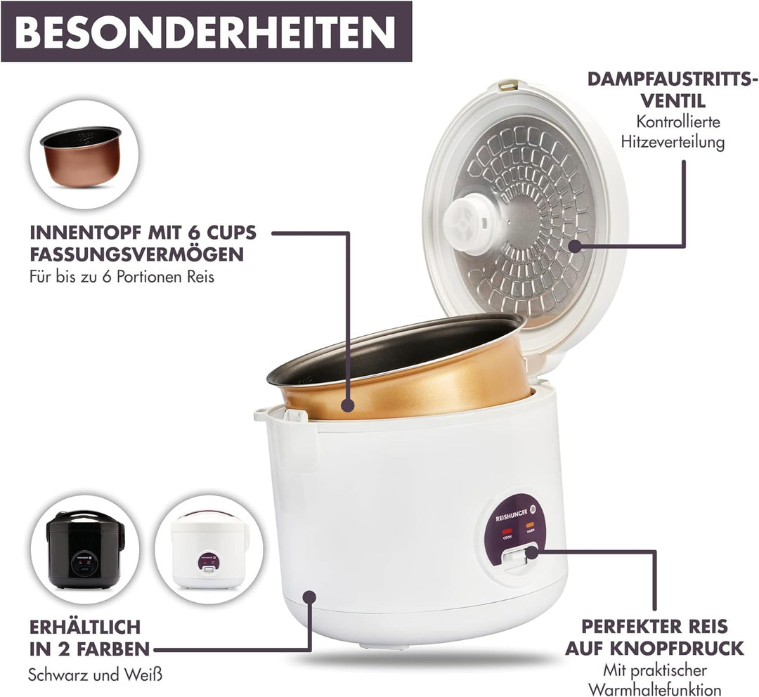 Reishunger Reiskocher & Dampfgarer mit Antihaftbeschichtung - Für 1-6 Personen - Schnelle Zubereitun