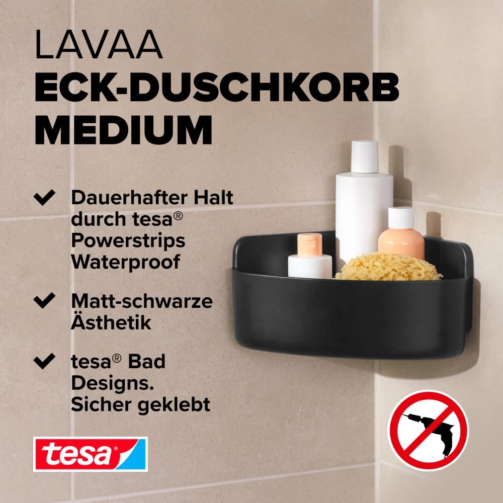 tesa Lavaa Eck-Duschkorb M, schwarz matt - Duschablage zur Wandmontage ohne Bohren, inkl Powerstrips