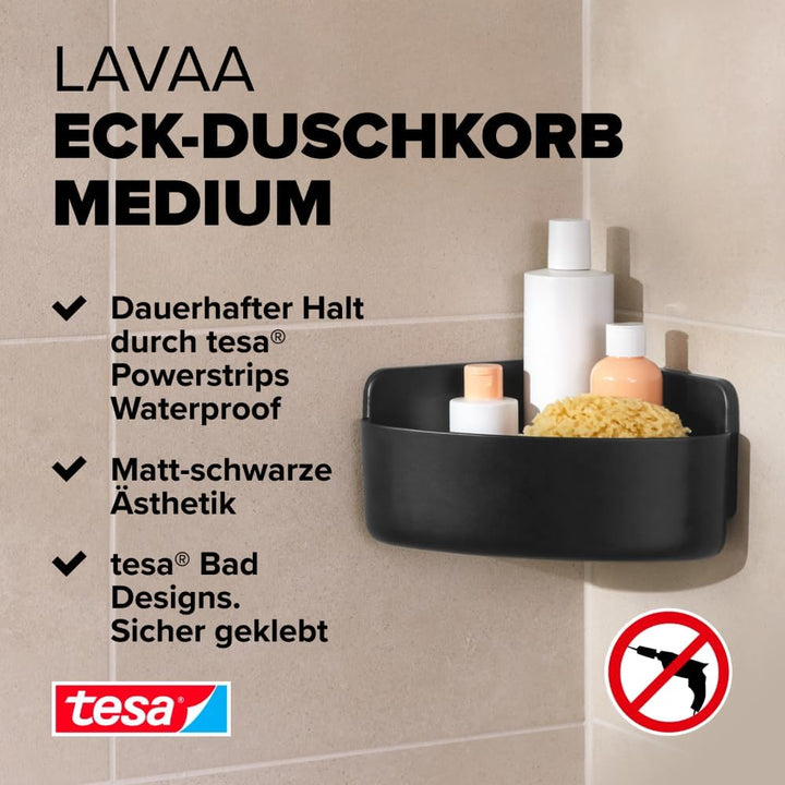 tesa Lavaa Eck-Duschkorb M, schwarz matt - Duschablage zur Wandmontage ohne Bohren, inkl Powerstrips
