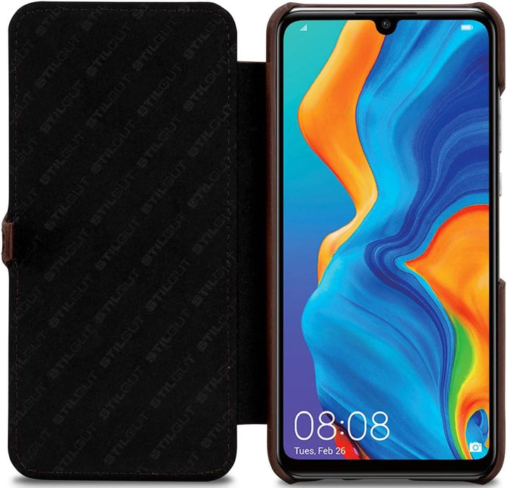 STILGUT Book Case kompatibel mit Huawei P30 lite Hülle aus Leder mit Clip-Verschluss, Lederhülle, Kl