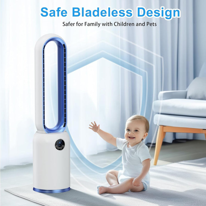 Turmventilator ohne Flügel 88cm – geräuschloser Standventilator mit 55W Motor, LED-Touchscreen & Fer