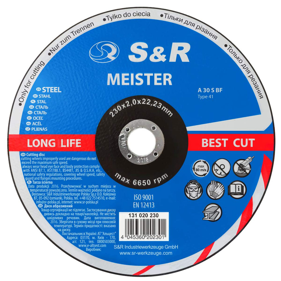 S&R Trennscheibe für Metall, Stahl 230 x 2,0 x 22,23 mm A30 S-BF, Set 1 Stück, Hochleistungs-Elektro