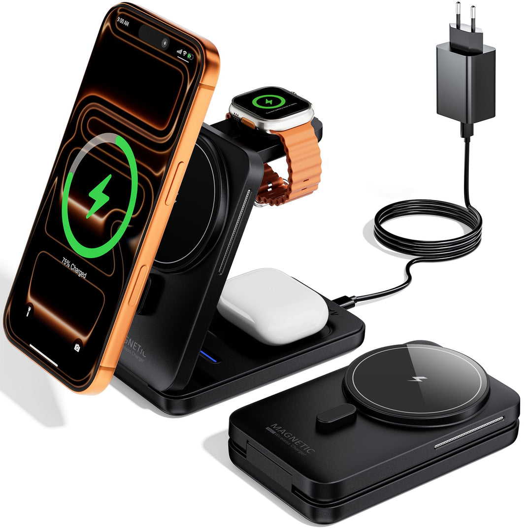 KPON Magsafe Ladestation für Apple Watch und iPhone, 3 in 1 Faltbares Magsafe Ladegerät Schnellladun