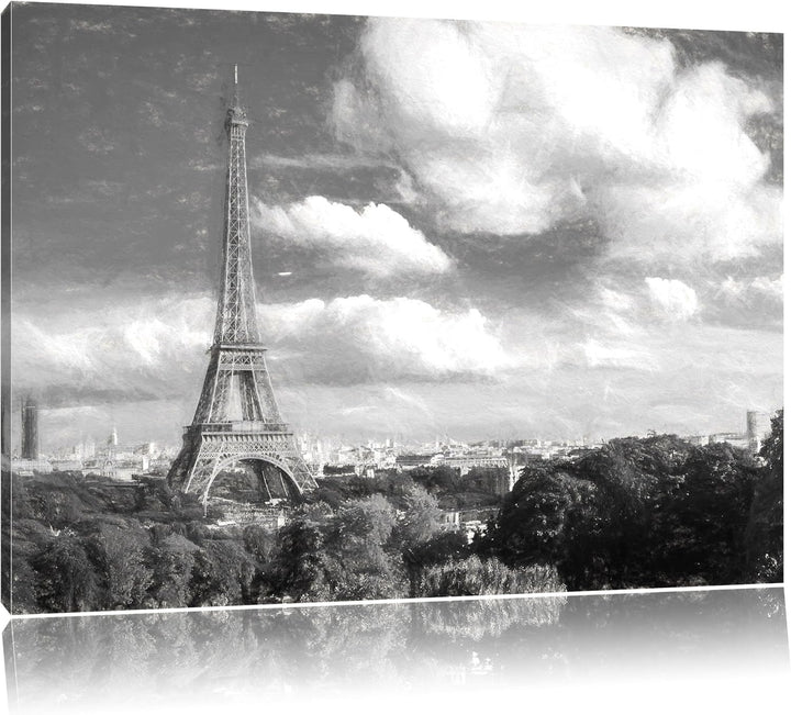 Pixxprint Riesiger Eiffelturm in Paris Kohle Zeichnung Effekt, Format: 100x70 auf Leinwand, XXL ries