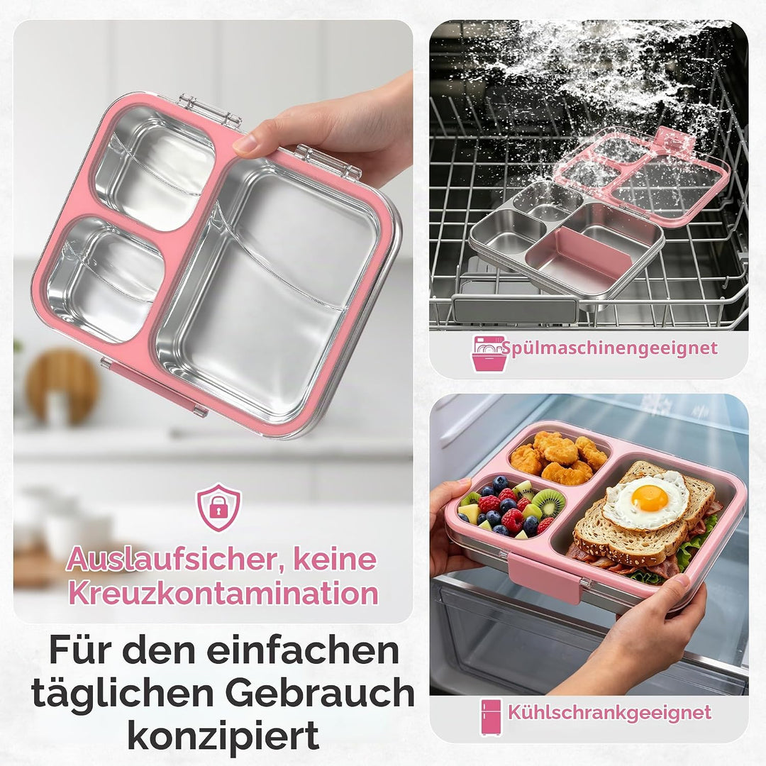 VITONIS Edelstahl Brotdose Lunchbox mit 3 Fächern, Bento Lunch Box Kinder Auslaufsicher BPA frei, Sp