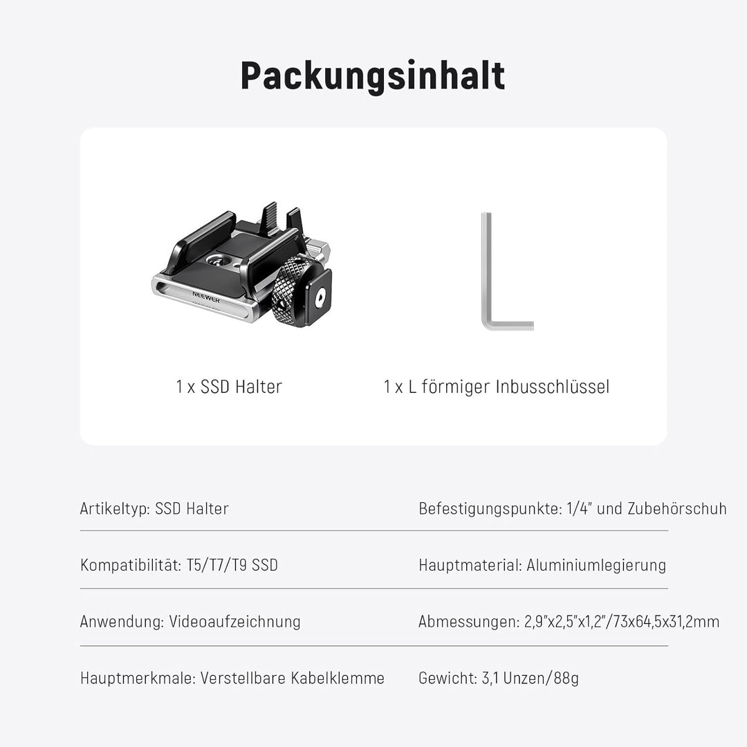 Neewer Universelle SSD-Halterung mit Kaltschuh/Kabelklemme, 4,1 cm - 6,6 cm für T5 T7 T9 SSD, kompat