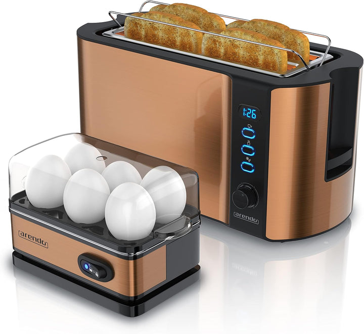 Arendo - Set Eierkocher SIXCOOK mit Toaster FRUKOST Edelstahl Kupfer, Toaster 4 Scheiben, LED-Displa