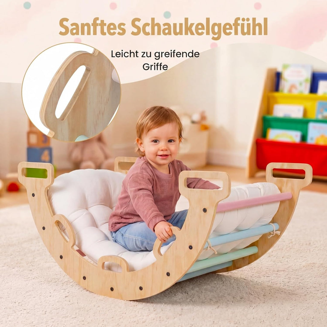 COSTWAY Kletterbogen Holz mit Kissen, Montessori Kletterwippe, Kletterdreieck zum Wippen, Klettern u