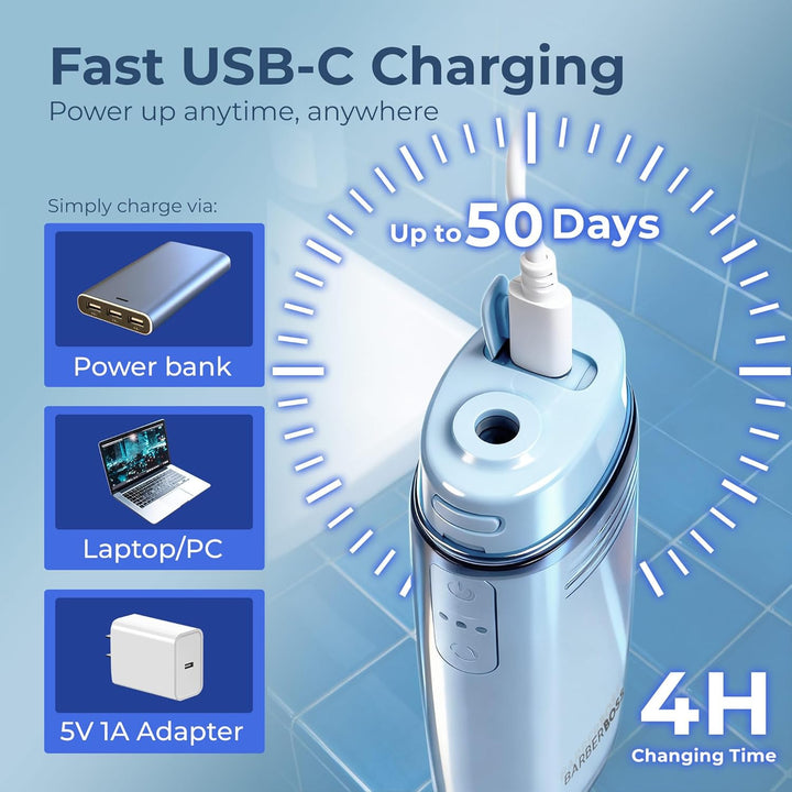 BarberBoss Munddusche für unterwegs, 6 Düsenaufsätze, kabellose Munddusche, USB-C-Ladefunktion und 3