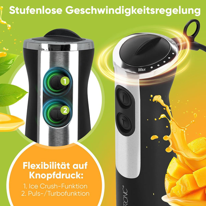 Clatronic Stabmixer 800W mit Turbo-Funktion | Pürierstab mit Edelstahlmesser | 12 Stufen | für Babyn
