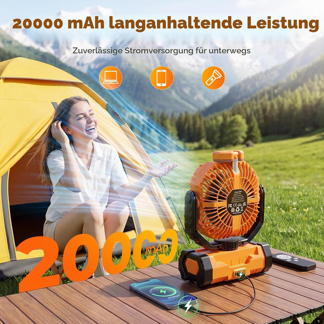 Outdoor Camping Ventilator mit Licht, 20000mAh Akku, wiederaufladbarer tragbarer Ventilator mit Fern