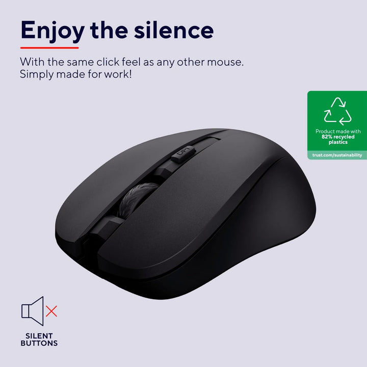 Trust Mydo Leise Funkmaus, 82% aus Recyclingkunststoff, 1000-1800 DPI, Verstaubarer USB Mikroempfäng