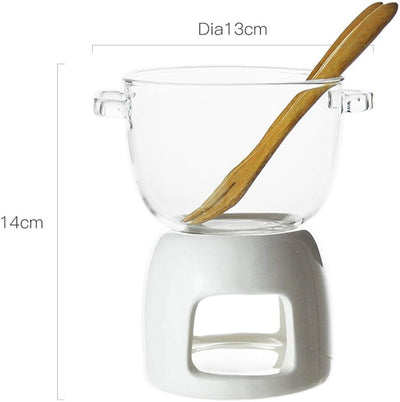 TAMUME 350 ml Glas Schokoladenfondue-Set, Packung mit Glasfonduetopf und Porzellanwärmer mit Fondueg