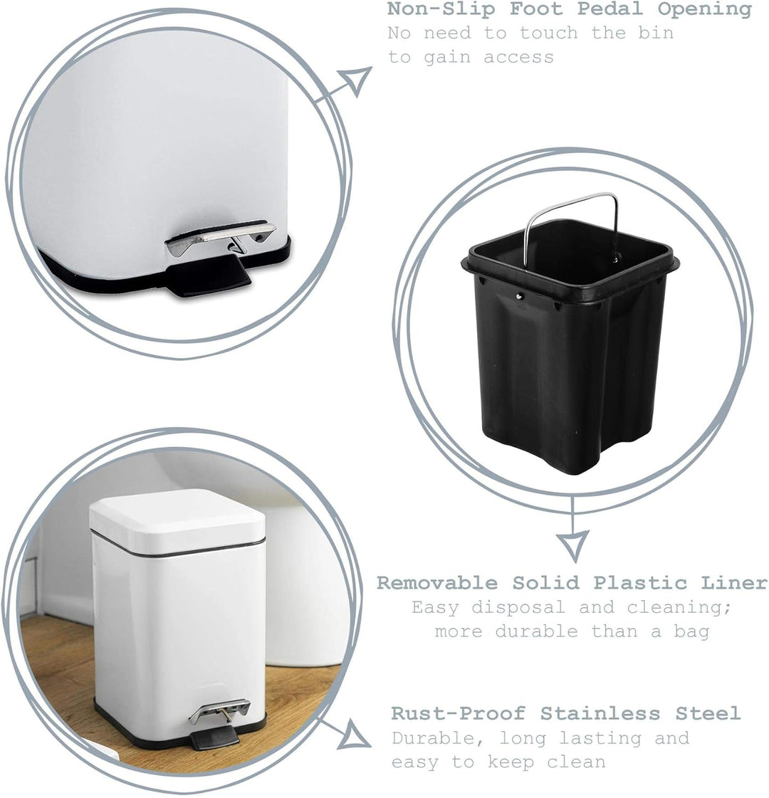 Rink Drink Badezimmer-Set - Eckiger Mülleimer mit Pedal & Toilettenbürste - Weiss - 3 l, Weiss