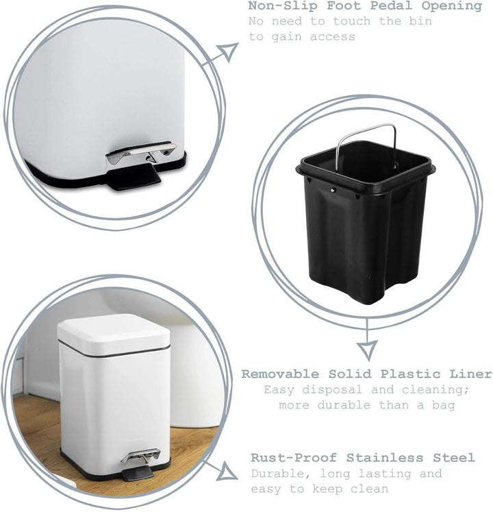 Rink Drink Badezimmer-Set - Eckiger Mülleimer mit Pedal & Toilettenbürste - Weiss - 3 l, Weiss