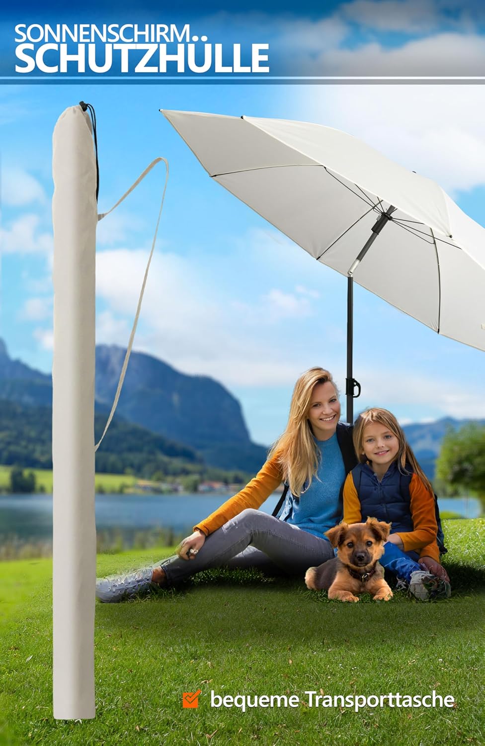 4smile Sonnenschirm Strand SunnyJoy, 3-in-1 SET, Beige - UPF 50+ Strandschirm Ø 160 cm + Sonnenschir