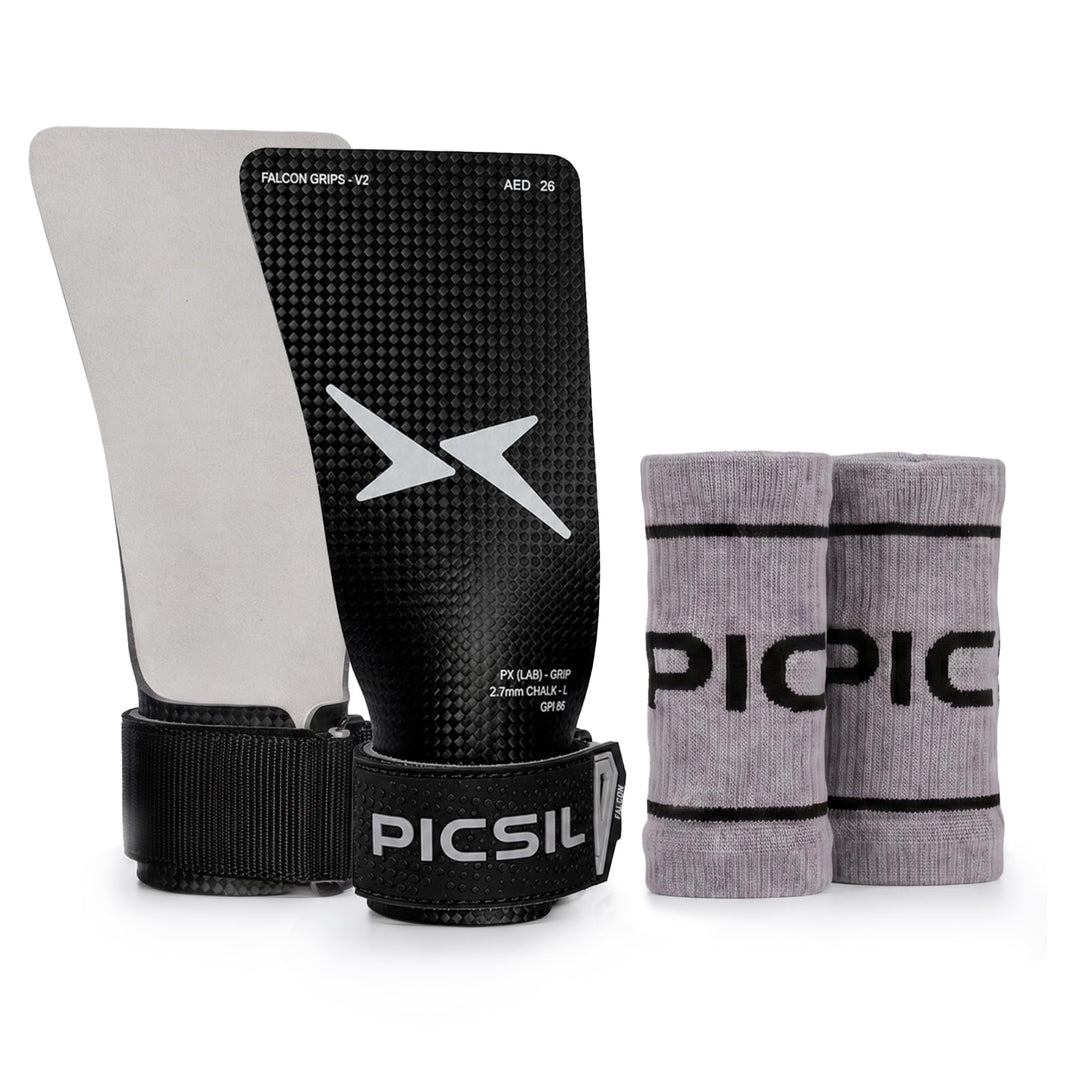 PICSIL Falcon Grips Set, Carbonfaser Grips für Chalk | Grips-Set mit Handgelenkbandagen und Tasche.