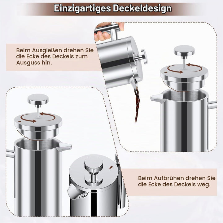 Kaffeebereiter French Press Edelstahl, 1000ml French Press, Doppelwandig Isoliert Kaffeepresse, Kaff