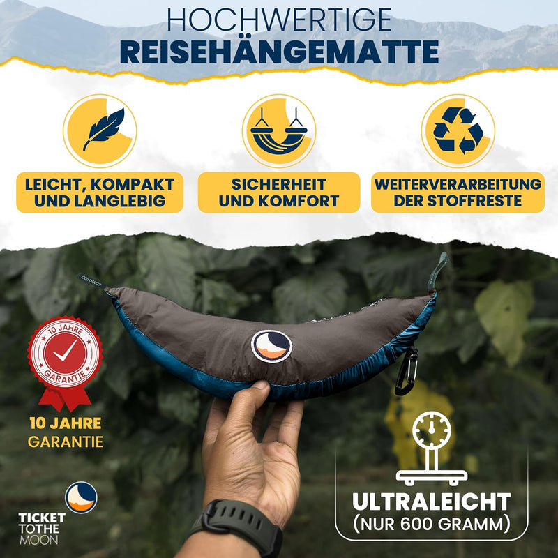 Fair Trade & handgemachte Original-1-2-Personen-Leicht-Hängematte Aqua/DUNKELGRAU für Reisen, Campin