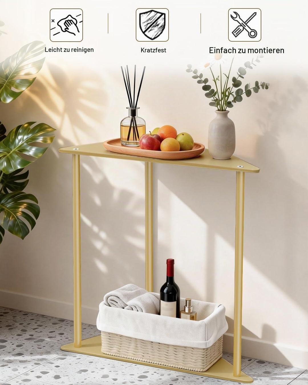 Yawinhe Dreieckiger Beistelltisch,1er Set Metall Klein Couchtisch,Golden | Mobiler Kaffeetisch 2 Ebe