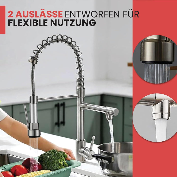 Küchenarmatur Einhebelmischer, Ausziehbar, Edelstahl 304, 2 Wassermodi (Spray/Durchfluss), 360° dreh