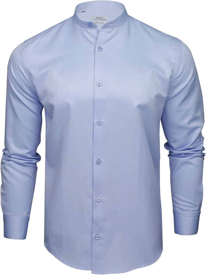Xact Herren Langarmhemd mit Herringbone-Muster und Grandad-Mandarinkragen, Sky Blue