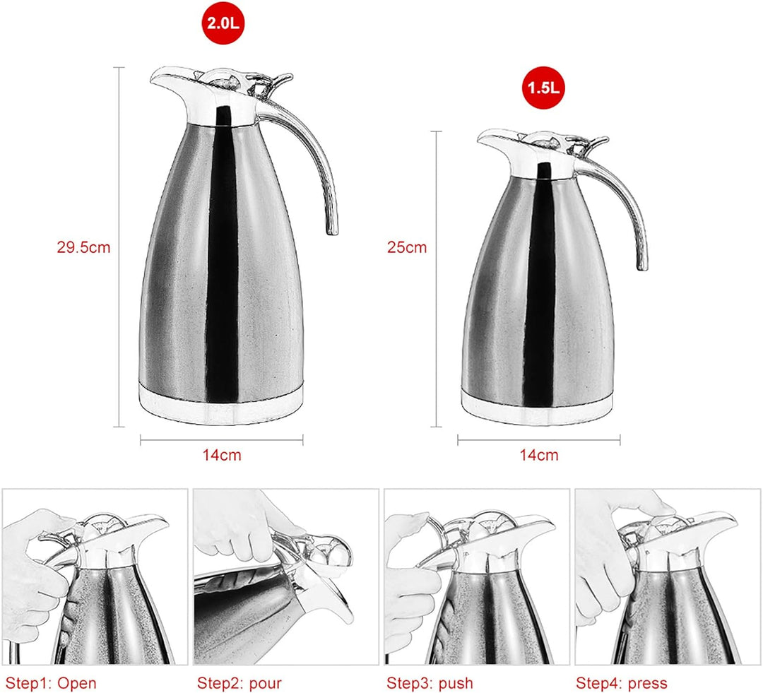 Thermokaraffe, 1,5L/2L Edelstahl Kaffee Teekanne Doppelwandige Isolierkanne Wärmflasche für Kaffee T