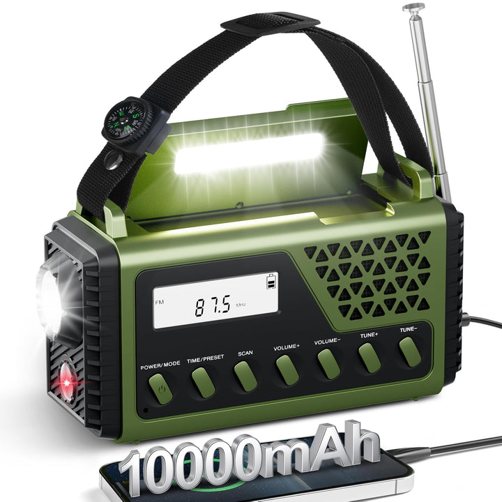 Solar Kurbelradio mit Bluetooth, AM/FM/SW Notfallradio mit 10000mAh USB Powerbank, Radio Batteriebet