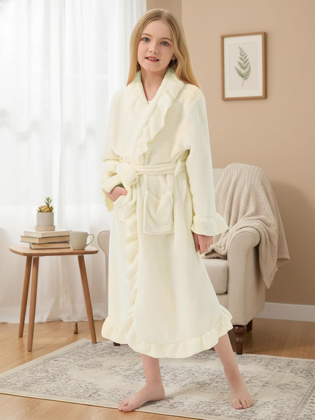 JiAmy Kinder Flanell-Bademantel mit Rüschen Warmer Fleece Hausmantel im Eleganten Stil für Mädchen B