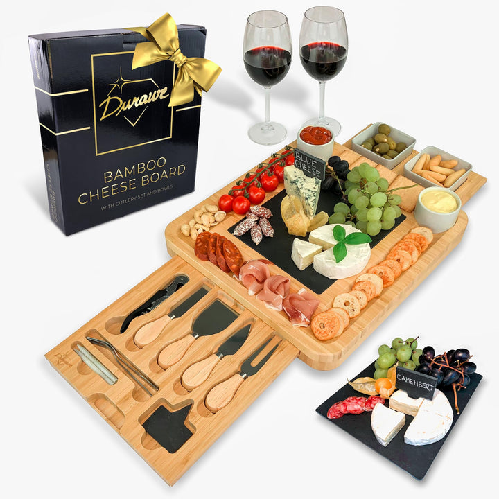 Bambus Käsebrett und Messer-Set Keramik-Schalen Weinöffner – 100% Bio-Holz Serviertablett Charcuteri
