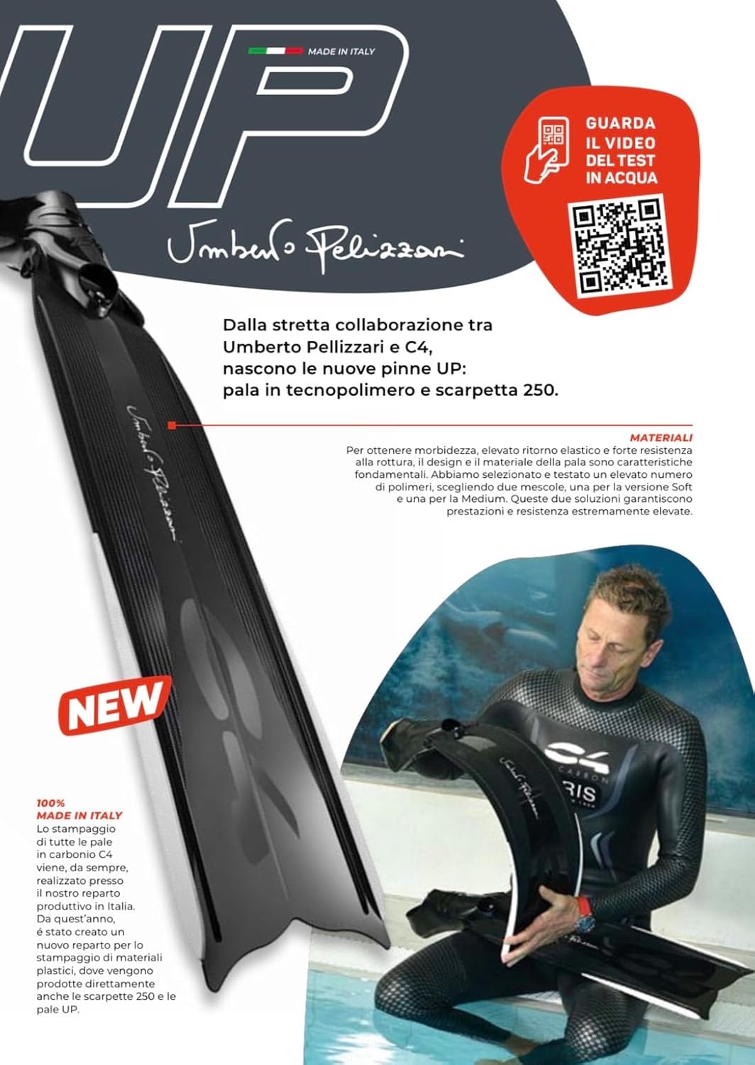 Umberto Pelizzari C4 Flossen – Schaufel weich und mittelgross aus Technopolymer mit Schuh 250 Apnoe