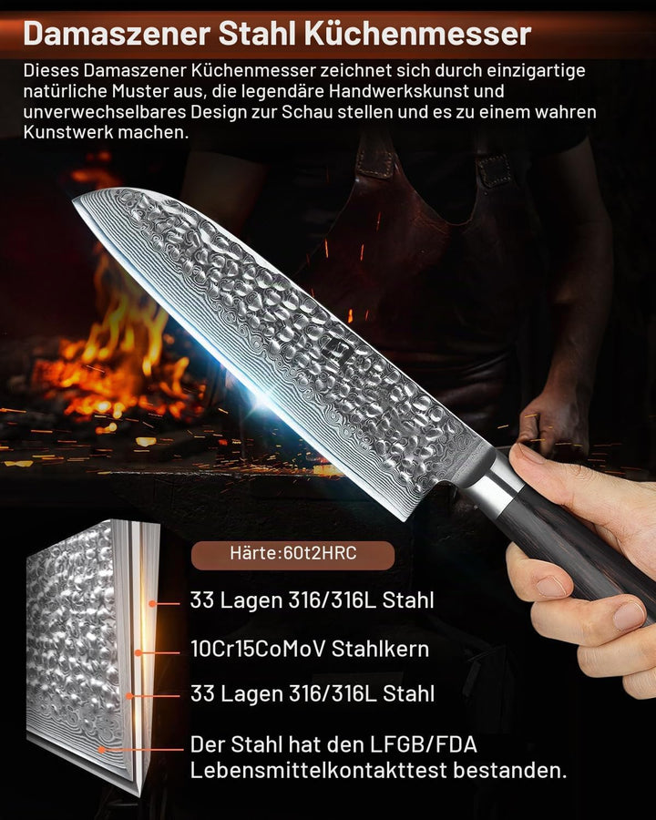 XINZUO 17.6cm Damaskus Santokumesser, Profi Damastmesser Kochmesser 67 Schichten Damaststahl Chefmes