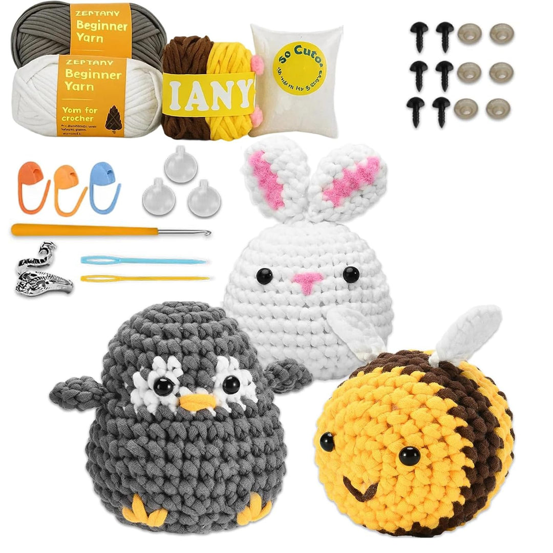 ZexJpr Häkelset Für Anfänger, Crochet Set, Stricken für Anfänger, DIY Häkeln Kit Mit Biene, Hase Und