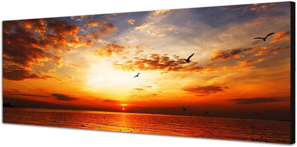 Paul Sinus Art Panoramabild auf Leinwand und Keilrahmen 150x50cm Meer Strand Sonnenuntergang Wolkens