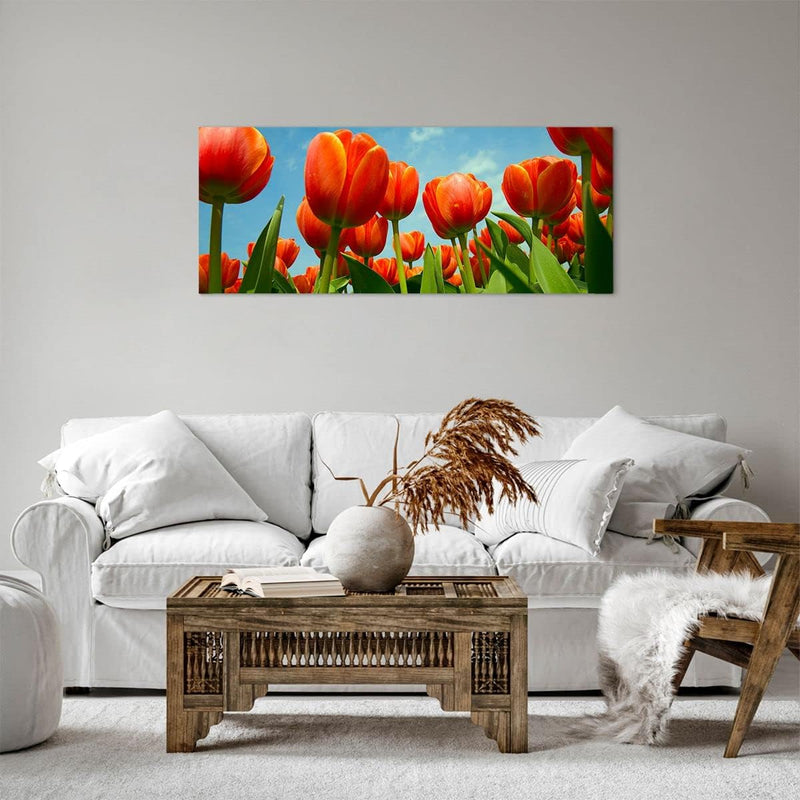 Panorama Bilder auf Leinwand 100x40cm Leinwandbild Tulpe Blume blauer Himmel Gross Wanddeko Bild Sch