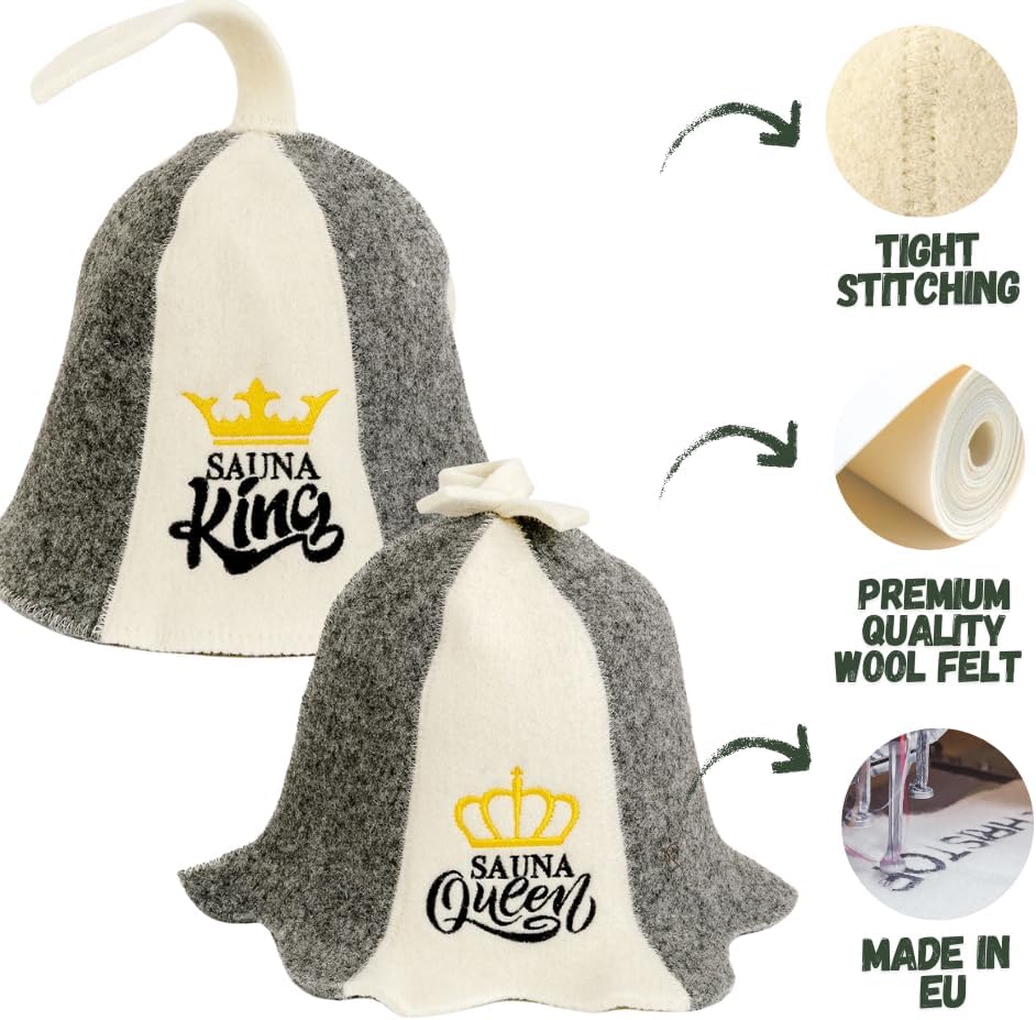 Sauna Guru Saunahut 'Sauna King and Queen' White - 100% organische Wollfilzmützen - Schützen Sie Ihr