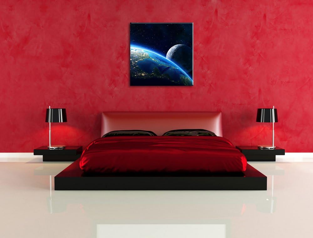 Pixxprint Erde und Ihr Mond aus dem All als Leinwandbild/Grösse: 70x70 cm/Wandbild/Kunstdruck/fertig