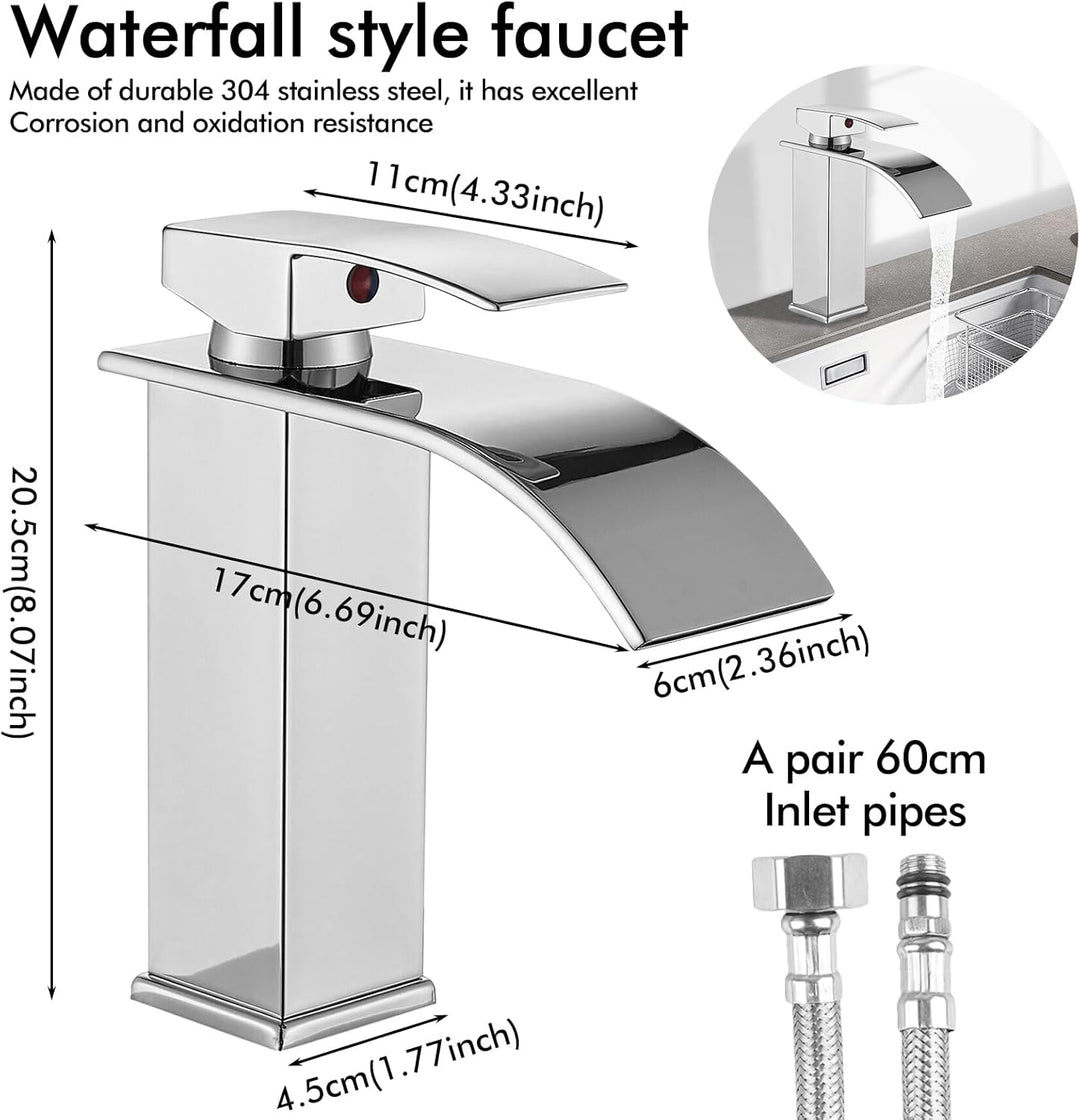 Touch-On Wasserhahn Bad Silber - Wasserfall Waschtischarmatur mit Einhebelmischer | 60cm Edelstahlsc