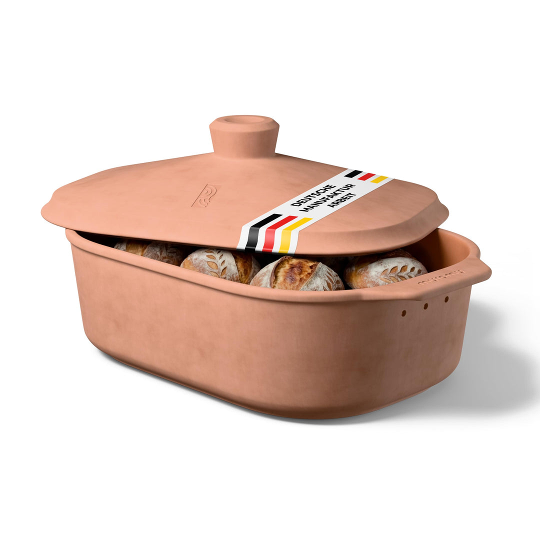 myromy® Brot-Frische-Topf – moderner Brottopf &amp; Brotkasten aus Keramik Natur-Ton - atmungsaktiv &amp; ge