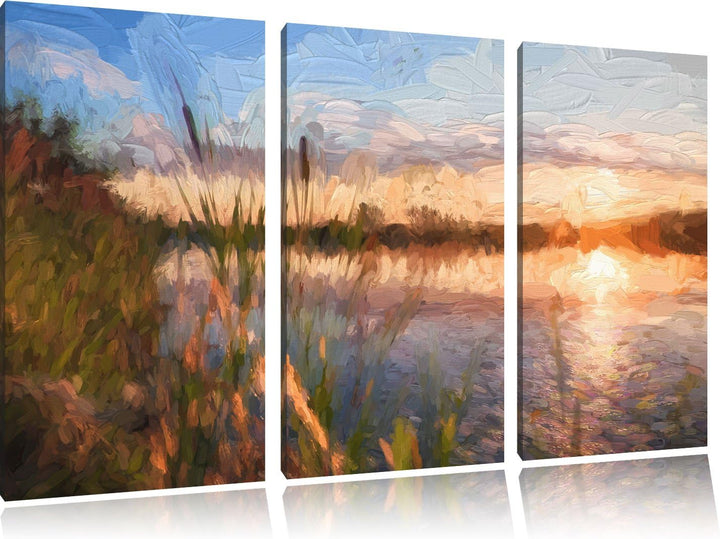 Pixxprint Sonniger Morgen am See Pinsel Effekt 3-Teiler Leinwandbild 120x80 Bild auf Leinwand