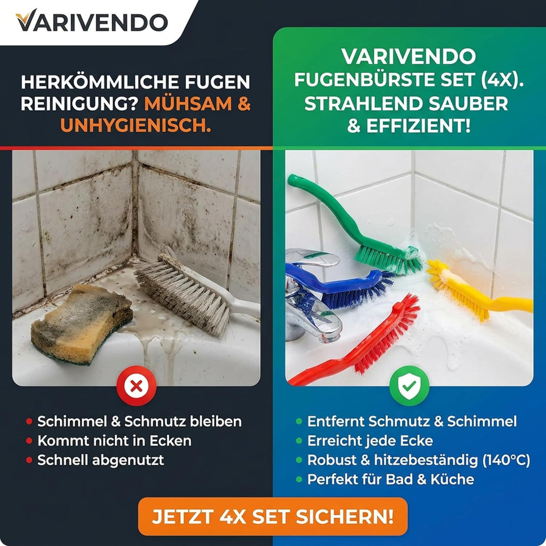 Fugenbürste Set 4X – Fugenreiniger für Fliesen & Bad, Eckenbürste gegen Schimmel, hitzebeständig, le