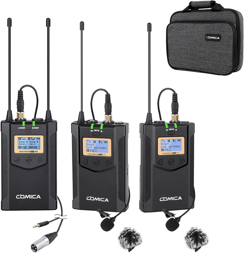 comica Kabelloses Lavalier-Mikrofon, CVM-WM100 Plus UHF Dual Wireless Mikrofonsystem mit 2 Sendern u