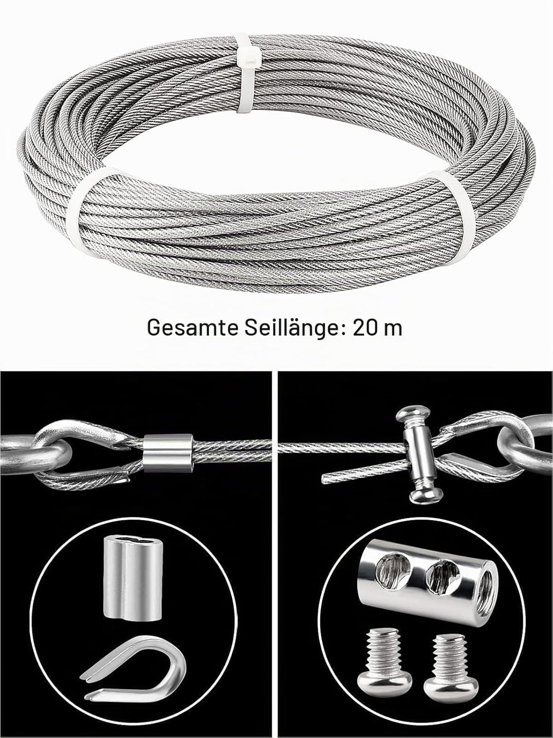 TooTaci Drahtseil 3mm Edelstahl, 20M Edelstahl Stahlseil Ummantelt aus PVC, Stahlseil mit ösen, M3 D