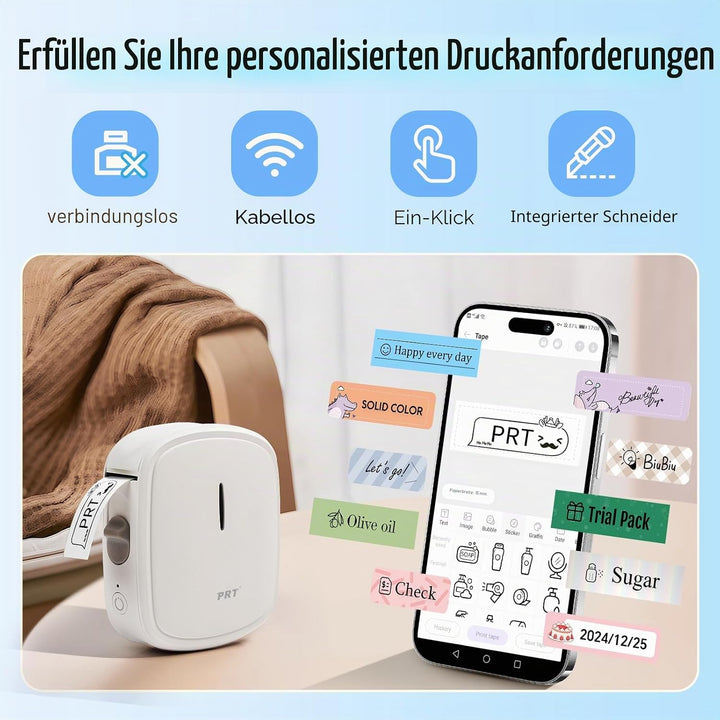 prt QUTIE Bluetooth Beschriftungsgerät Selbstklebend, Tragbarer Mini Etikettiergerät, USB Aufladen E