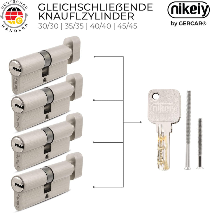 GERCAR Pro Knaufzylinder 40/40 Massiver Schliesszylinder gleichschliessend mit Knauf - 4er Set Zylin