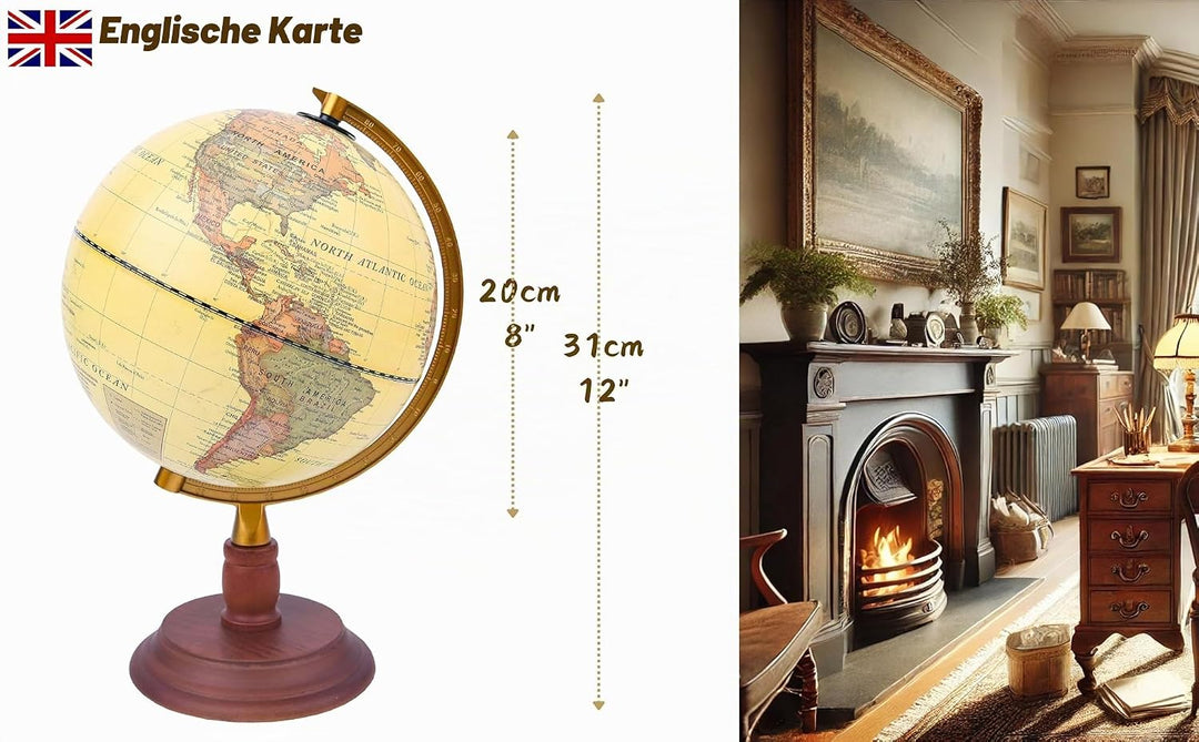 Exerz 20cm Antiker Globus Mit Holzfuss - Englische Karte - Für Kinder Büro Deko - Schülerglobus Mord