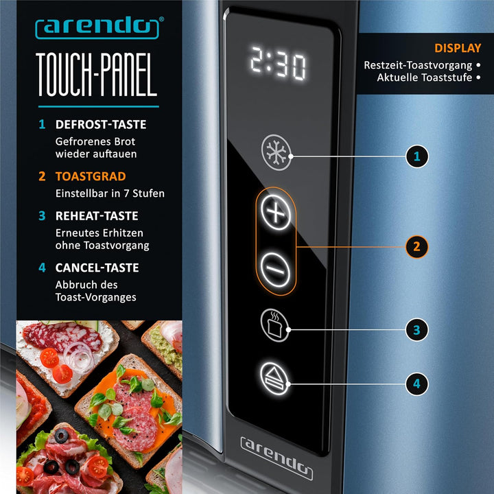 Arendo - Edelstahl Toaster Langschlitz 4 Scheiben- Touchscreen – Doppelwandgehäuse – Integrierter Br