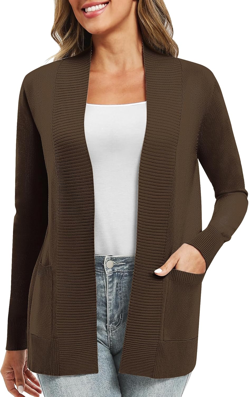 EXCHIC Damen Lange Ärmel Gestrickt Strickjacke Leicht Gemütlich Offene Vorderseite Lange Freizeitjac