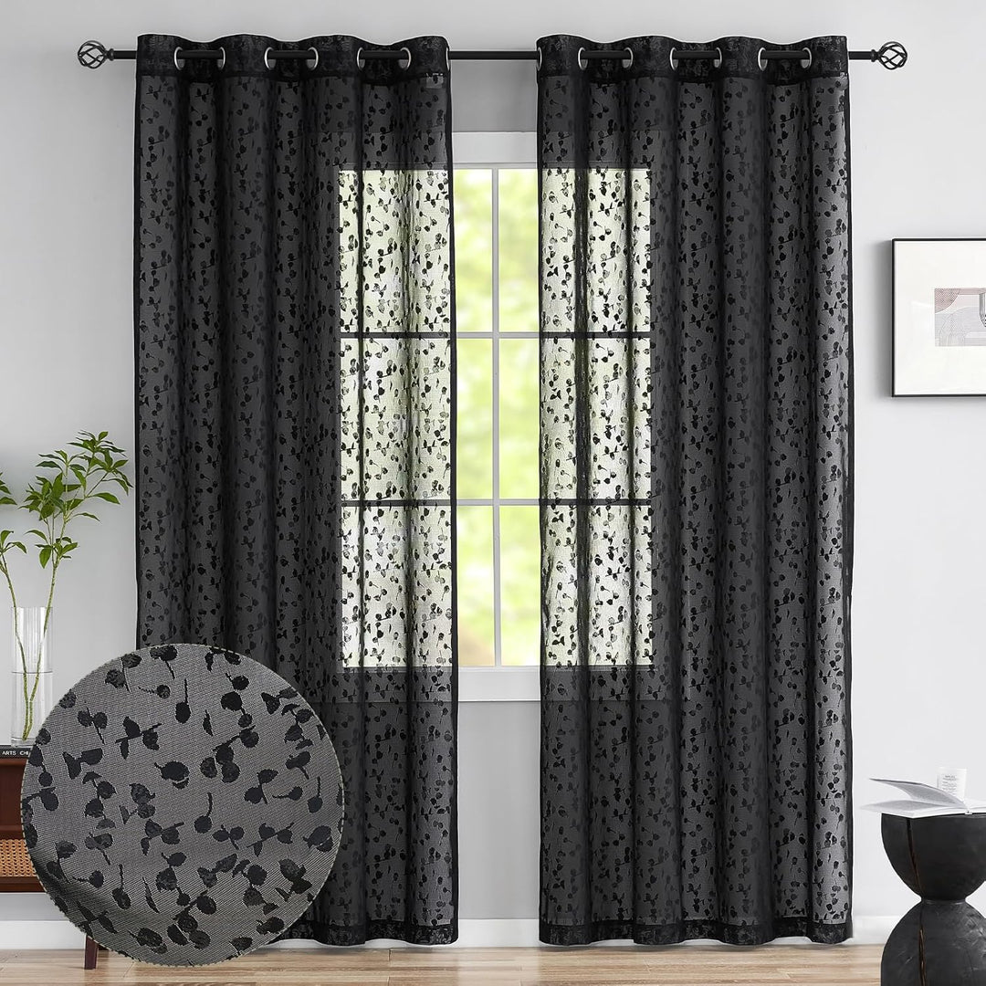 Treatmentex Schwarze Halbtransparente Spitze Vorhang Moderne Stickerei Gardinen mit Ösen Häkeln Stri